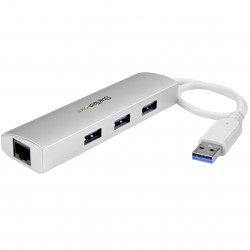 3-Port Portable USB 3.0 Hub plus Gigabit Ethernet - Built-In Cable